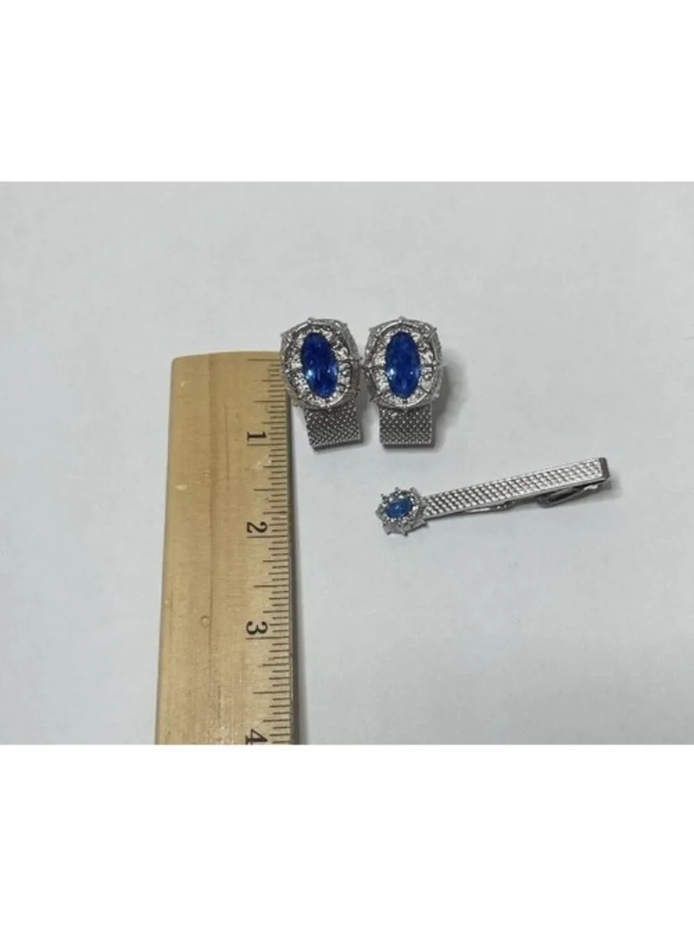 Vintage Mesh Cufflinks/Tie Clip Set Blue Rhinestone Silver Tone Retro MCM Dapper